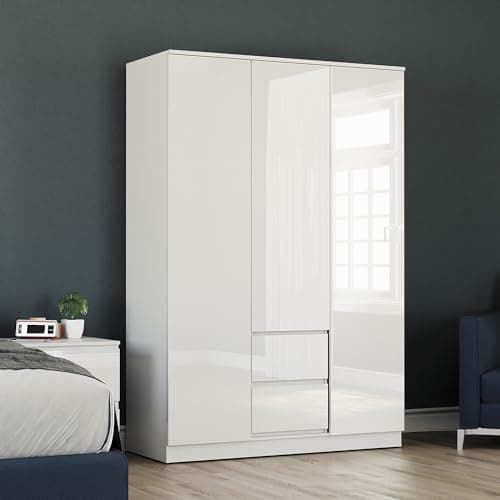 Image of Vida Designs Glinton High Gloss 3 Door 2 Drawer Wardrobe Bedroom Storage Organiser with Hanging Rail Modern Furniture 100% FSC Certified (White, 3 Door 2 Drawer)