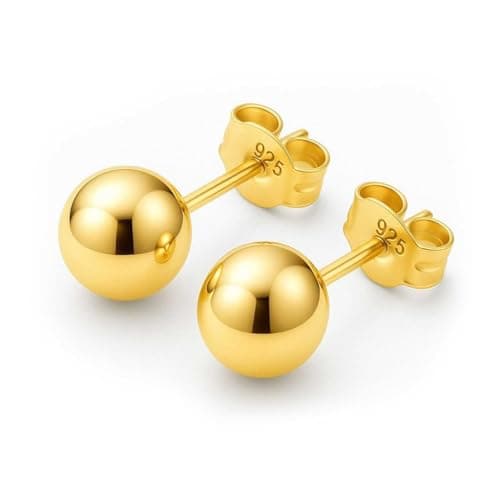 Image of KEZEF 14k Yellow Gold Sterling Silver Ball Stud Earrings for Women - Hypoallergenic Lightweight Medium Stud Earrings for Women | 6mm Ball Earrings