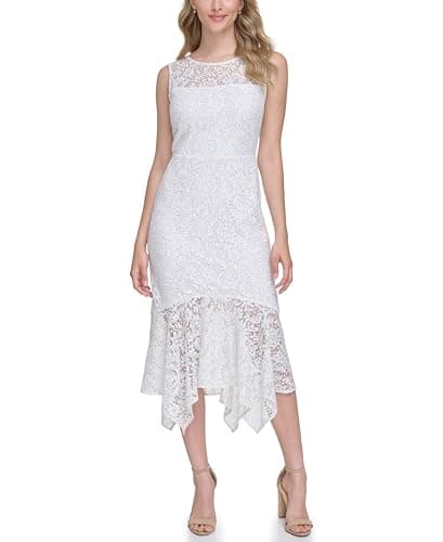 Image of kensie Women's Aysmetric Corded Floral Lace Midi Dress, Ivory/Silver, 20