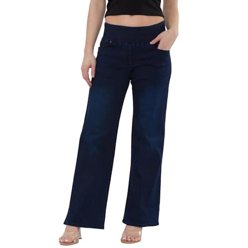 Image of MYT Women’s Elasticated High Waist Wide Leg Jeans Tummy Control Stretch Denim Comfortable Casual Everyday Ladies Jeans Dark Blue Stonewash 18 Regular