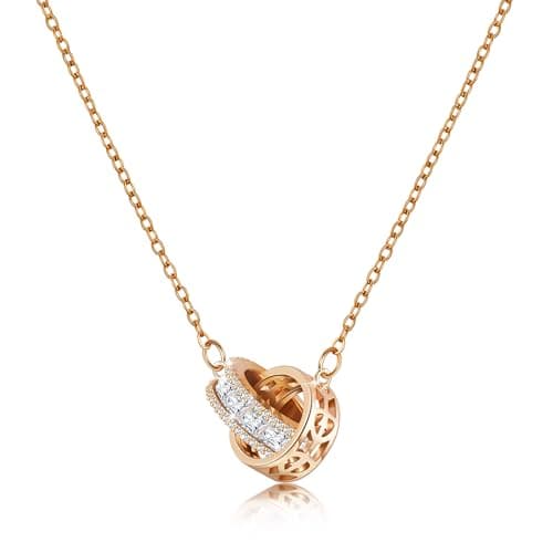 Image of Linawe Rose Gold Dainty Necklace for Women, Interlocking Double Circle Pendant, Hypoallergenic Stainless Steel Chain, Moissanite Imitation Diamond Crystal Birthstone Rhinestone Necklaces