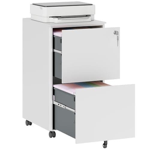 Image of Vinsetto 2-Drawer Filing Cabinet with Lock and 5 Wheels, Steel Mobile File Cabinet, for A4, Legal and Letter Size, Pre-Assembled Body, White