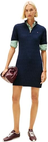 Image of Tommy Hilfiger Women's CO Cable MID GG Shift MK Dress WW0WW48444 Sweater Dress, Blue (Dark Night Navy), M