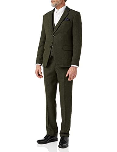 Image of Mens Tweed 3 Piece Suit Retro Smart Tailored Fit Herringbone Jacket Waistcoat Trousers[SUIT-EDWARD-OLIVE-44] Green