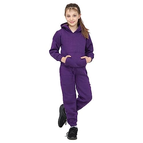 Image of Kids Girls Boys Plain Tracksuit Hooded Hoodie Jog Suit - T.S Plain 105 Purple 7-8