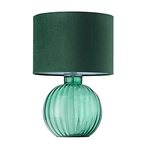 Image of Happy Homewares Contemporary Designer Emerald Ribbed Glass Round Table Lamp with Matching Forest Green Velvet Drum Shade | 1 x E27 60w Maximum | 42cm Height