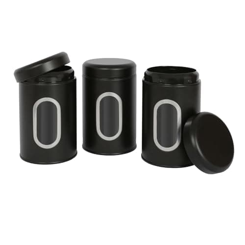 Image of Harbour Housewares Tea Coffee Sugar Canisters Set - 3 Piece - Black Kitchen Canisters with Airtight Lids & Transparent Viewing Window - Stainless Steel Storage Tins for Kitchen Bench or Pantry