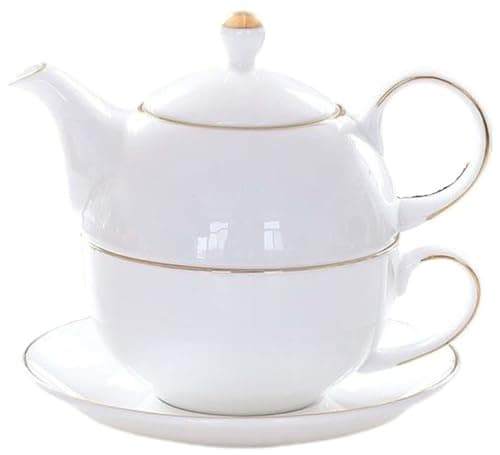 Image of YBK Tech Ceramic Tea for One Set, 12oz Teapot and 8.2oz Cup with Saucer (White)