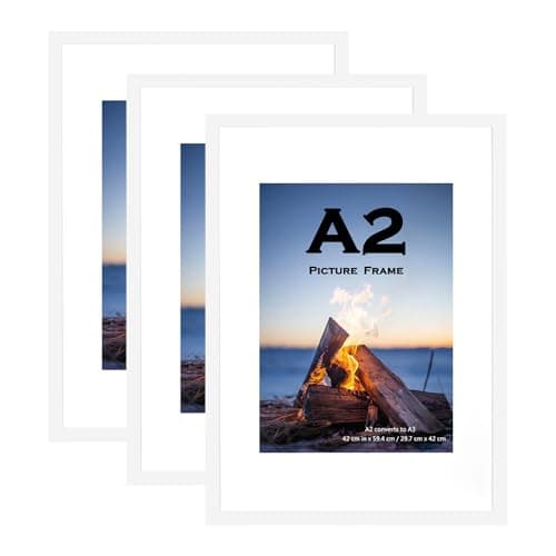 Image of White Wooden Picture Frame A2(42x59.4cm) with Mat,Set of 3, Mount for A3 Picture or Certificate,Wall Mountable