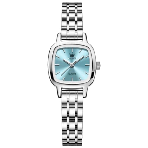 Image of OLEVS Womens Watches Dainty Blue Face Analog Quartz Rectangular Watch for Women Elegant Small Silver Stainless Steel Metal Bracelet Dress Ladies Watch Fashion Waterproof Women's Wrist Watches