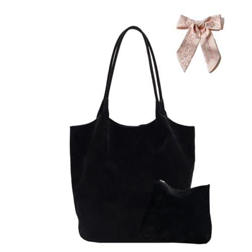 Image of SCOFY FASHION Retro Faux Suede Bucket Bags for Women Minimalist Shoulder Bags for School Travl Work Tote Bag Handbag (Black)