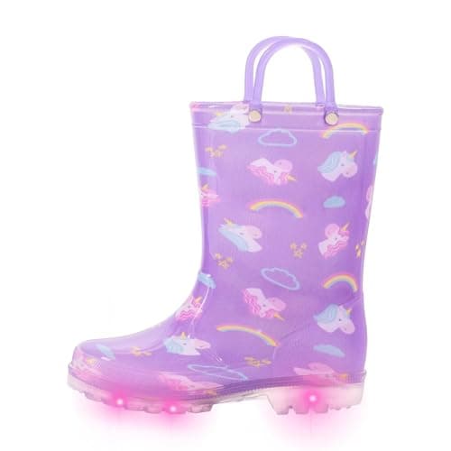 Image of FUNCOO PLUS Toddler Light Up Wellies, Unicorn Unisex Kids Wellingtons Boots for Boys Girls Childrens Easy-on Rain boots with Handles, Size 9 UK Child