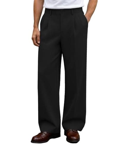 Image of FEDTOSING Wide Leg Dress Trousers for Men Baggy Pleated Mens Casual Pants Relaxed Fit Black Slacks Men with Slant Pockets