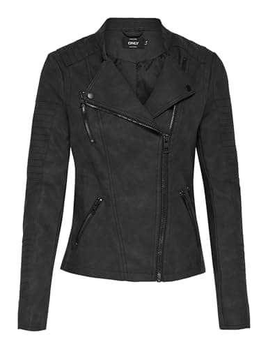 Image of ONLY Women's Onlava Faux Leather Biker Otw Noos Jacket, Grey (Black), 10