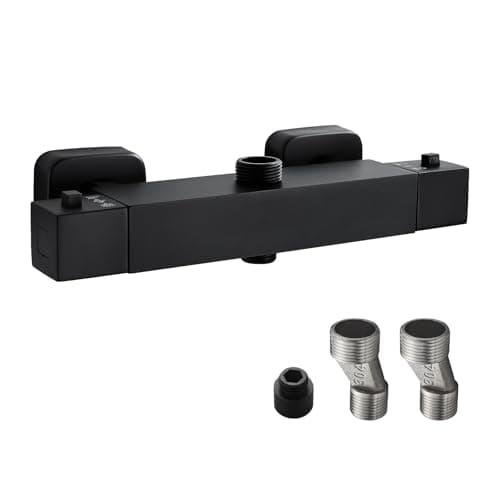 Image of Thermostatic Shower Mixer Bar Two Outlet Square, Matte Black Twin Outlet Bar Shower Valve, Solid Brass Shower Mixer Bar Dual Outlet with TOP 3/4" BSP (26.4mm) + Bottom 1/2" BSP (21mm)