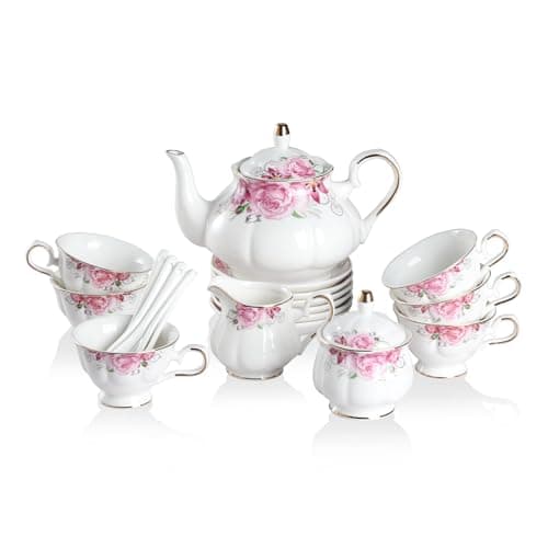 Image of Sweejar Porcelain Tea Set, Vintage British Floral Relief Gold Rimmed Teapot Cup and Saucer Set, Tea Set Service for 6, with Teapot, Sugar Bowl, Milk Jug, Spoons, Tea Cup and Saucer (Flower)