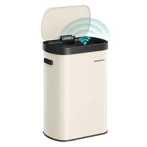 Image of SONGMICS Motion Sensor Kitchen Bin, 13-Gallon (50 L) Automatic Rubbish Bin, Wave or Touch to Open, Soft Close Lid, Steel, Includes 15 Bags, Cream Colour LTB640AZ02