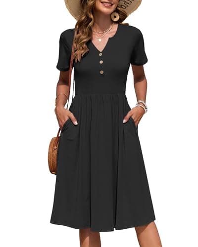 Image of AUSELILY Women's Summer Short Sleeve Midi Dresses V Neck Empire Button Knee Length Dress with Pockets Black XL