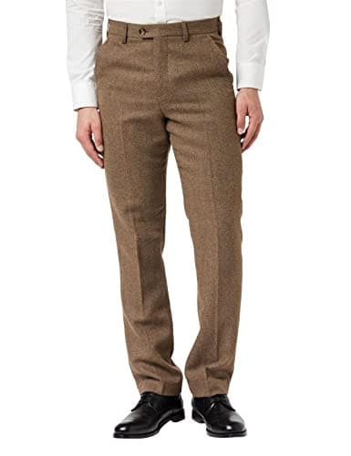 Image of Xposed Men’s Tailored Fit Herringbone Weave Trousers Vintage Styled Navy Tweed Pants[TRS-X6068-4-TAN-42]