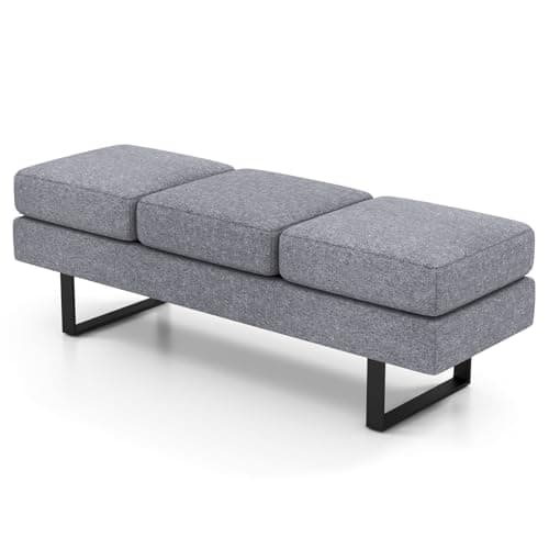Image of COSTWAY Waiting Room Bench Seating, 3-seater Long Salon Reception Benches Office Chair with Metal Frame Leg, Upholstered Conference Room Ottoman Bench Seat for Entryway Living Rooms (Gray)