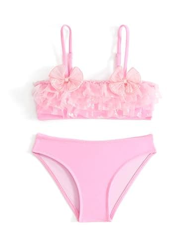 Image of SERENYOU Girls Swimming Costume 2 Piece Bikini Sets Bow Swimwear Kids Bathing Suit Pink 7-8 Years