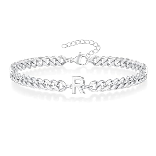 Image of Angelra Silver Initial Cuban Link Chain Bracelets for Men Christmas Gifts - Meaningful Letter Bracelet for Women, Unique Father's Day Gifts for Husband Dad Grandpa Brother Friend (R)
