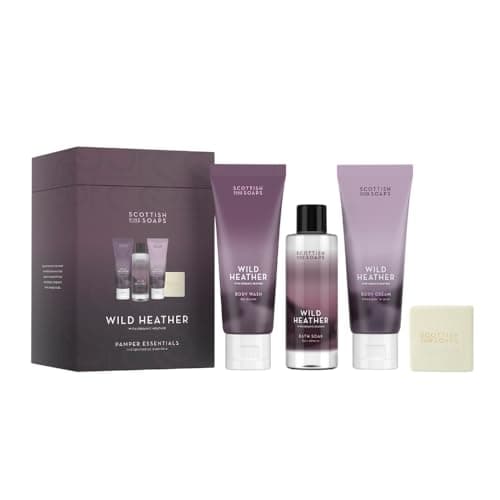 Image of Scottish Fine Soaps Wild Heather Pamper Essentials Gift Set – Body Wash, Body Cream, Bath Soak and Cleansing Bar Set