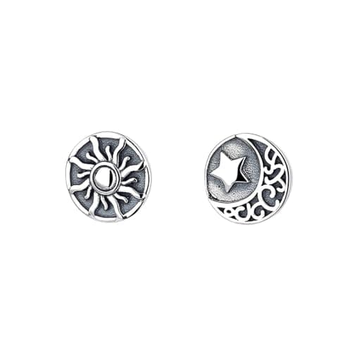 Image of Vintage Sun Crescent Moon Asymmetrical Stud Earrings S925 Sterling Silver Antique Lucky Star Small Cartilage Tragus Statement Earring Piercing Studs Punk Cool Jewelry Gifts for Women Girls Men