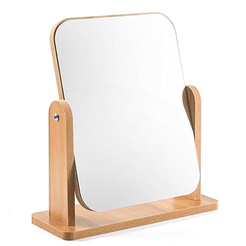 Image of QINGMUG Vanity Mirror Wood Desk Makeup Mirror , 360° Swivel Desktop Square Mirror for Dressing Table Desk, Bathroom, Bedroom (1), 22 x 17CM