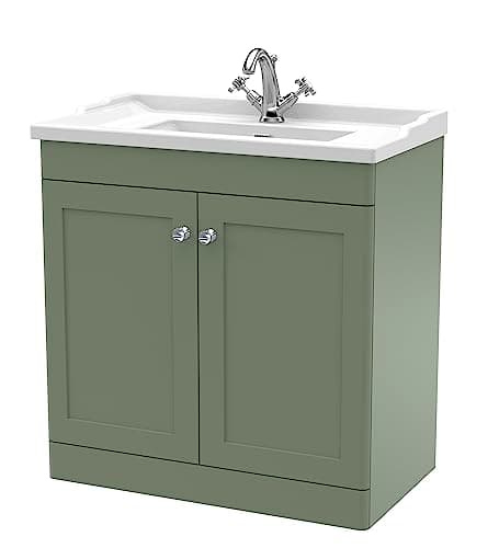 Image of nuie CLC826F Classique Floor Standing 2 Door Vanity Unit & 1 Tap Hole Ceramic Basin, 800mm, Satin Green