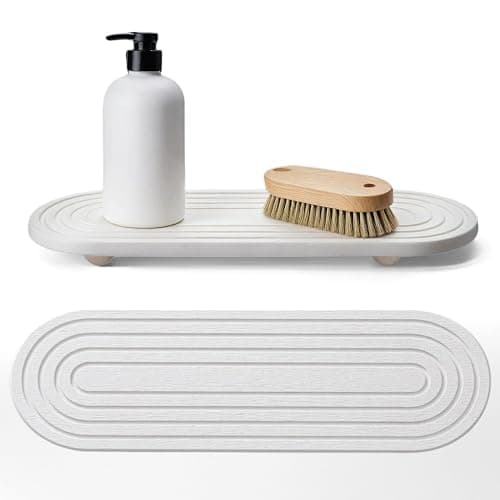 Image of Odetina Diatomaceous Stone Sink Tray, Quick Drying Water Absorbing Bathroom Organizer, Non Slip Draining Board with Wooden Feet for Kitchen Countertop, Bathroom (white)