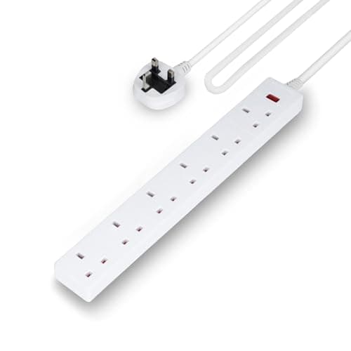Image of GEEPAS 6 Gang Extension Lead, 1M Cable | 6-Way Plug Extension Cable with Neon Indicator Light | Wall Mountable & Multi Socket Mains Strip for Home Bedroom Office | Heavy Duty UK Plug | White