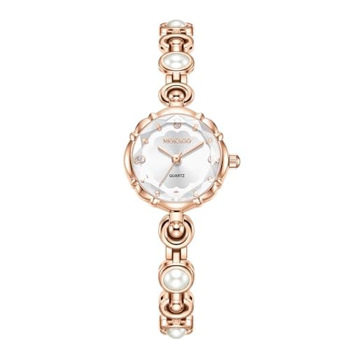Image of Watches for Women Rose Gold Ladies Analog Quartz Wristwatch Elegant Bracelet Set Pearl Bangles Dress Watch (White)