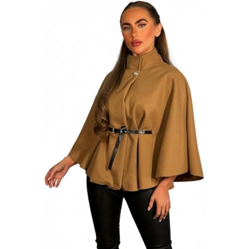 Image of LUXFAB Winter Coats for Women – Elegant Wool Blend Poncho Cape Jacket with Belt, Batwing Sleeves, Stand Collar, Stylish Outerwear One Size (UK, Alpha, One Size, Regular, Regular, Camel)