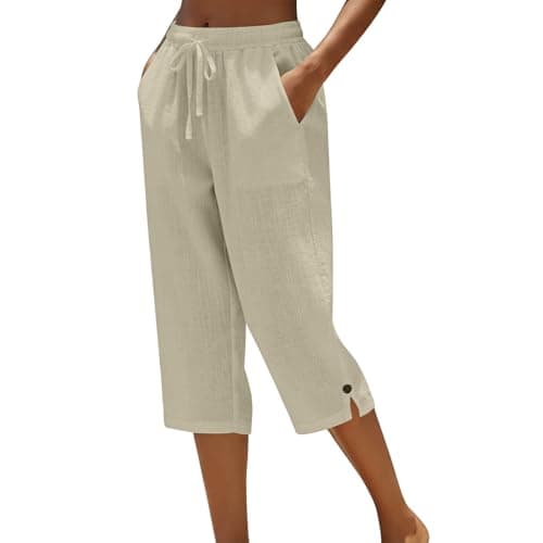 Image of Cropped Trousers for Women UK - Capri Pants Ladies Petite Comfy Summer 3/4 Length Trousers Drawstring Waist Straight Leg Lounge Capris Bottom with Pockets for Beach Holiday Beige