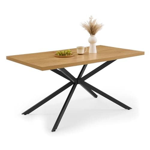 Image of VonHaus Dining Table - 6 Seater Kitchen Table for Dining Room - Rectangular Natural Wood Effect Dinner Tabletop for 6 People - Industrial Design with Black Cross Legs - W150 x D85cm - Abel