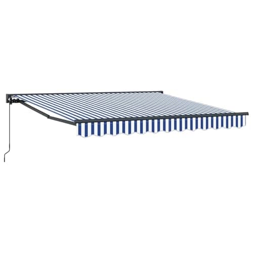 Image of vidaXL Retractable Awning Manual Blue and White 350 x 250 cm, Adjustable Awning, Modern Design, Durable Patio Cover, Retractable Shade Solution for Garden and Terrace Outdoor Spaces