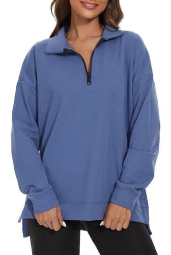 Image of APEIYU Women's Long Sleeve Tops Half Zip Side Split Loose Sweatshirts Casual Batwing Pullover Stand Up Collar Tops for Ladies Grayish Blue XXL