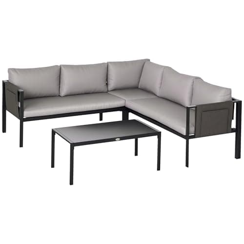 Image of Outsunny 5 Seater Garden Corner Sofa Set, 4 Pieces Metal Garden Furniture Set with Loveseats, Glass Top Coffee Table, Breathable Mesh Pocket, Outdoor Conversation Furniture with Cushions, Light Grey
