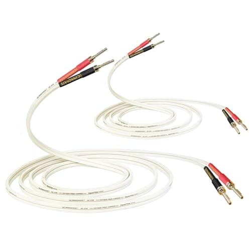 Image of VVFLED 2 Pack 14 AWG OFC Speaker Cable with Gold-plated Pin Banana Plugs, Audiophile White Speaker Wire With Gold-plated Banana Plugs, Square Flat Cables for HiFi & Home Audio System (3m / 9.8Ft)