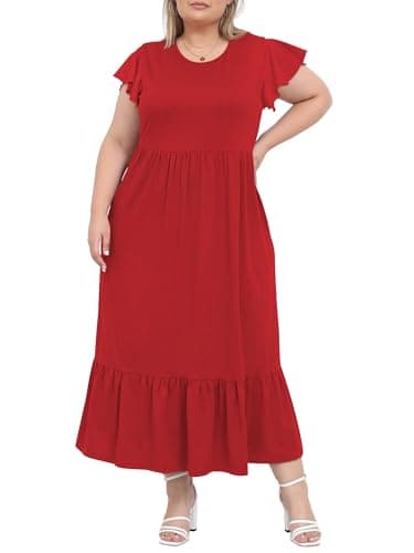 Image of Moon Wood Summer Dresses for Women Crew Neck Ruffle Sleeve Curvy Long Dress with Pockets Plus Size Red 2XL