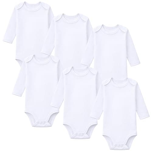 Image of Baby Bodysuits Cotton 6 Pack Long Sleeve White Vests Tops Boy Girl (White Long Sleeve 6 Pack, 0-3 Months)