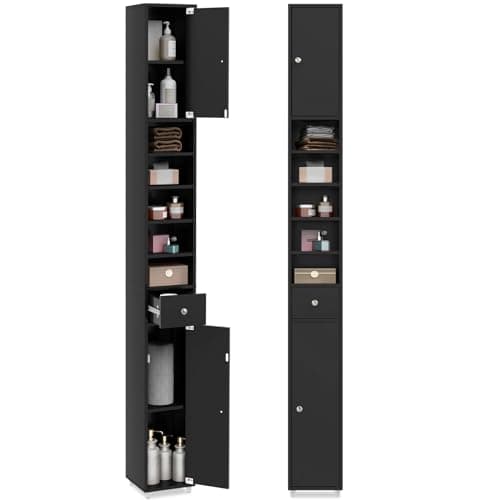 Image of Multigot Bathroom Tall Cabinet, Wooden Slim Cupboard with 1 Drawer, 2 Cabinets & 5 Adjustable Shelves, Narrow Organizer Unit for Bedroom Living Room Hallway (Black)