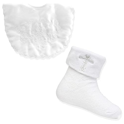 Image of Baby Togs White Baby Christening Set - Bib & Socks Baptism Gift Set for Baby Boys and Girls 0-6 months & 6-12 months White 0-6 Months