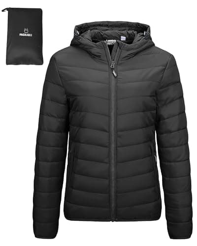 Image of Outdoor Ventures Women's Winter Lightweight Puffer Jacket with Hood, Warm, Short, Packable, Quilted, Transitional, Padded Jacket for Ladies, Lined for Hiking, Travel Black S