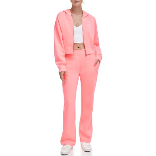 Image of DKNY Women's Metallic Bubble Logo Wide Leg Track Trousers with Pockets, Atomic Pink, Small, Atomic Pink, S