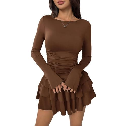 Image of MANJIAMEI Women Long Sleeve Tiered Ruffle Mini Dress, Solid Color Boat Neck Ruched Waist Slim Fit A Line Short Dress, Ladies Casual Going Out Bodycon Dresses for Dating Cocktail Party Club, Brown L