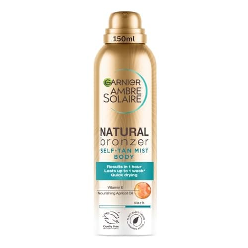 Image of Garnier Ambre Solaire Fake Tan, Natural Bronzer Quick Drying Dark Self Tan Body Mist, Intense & Streak Free Fake Tan, Lasts Up to 1 week, Vegan Formula, Radient Glow For All Skin Types, 150ml