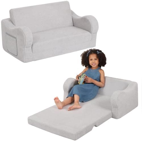 Image of BestRoyal Extra Wide Toddler Chair, 2-in-1 Toddler Couch Fold Out, Kids Sofa Bed for Boys & Girls, Grey