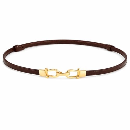 Image of JILLICK Slim Brown Genuine Leather Belt with Elegant Gold Tone Double-Link Oval Buckle - Stretch Waist Strap for Women, Adjustable Thin Skinny Strap for Dresses, Jeans, Skirts and Trousers